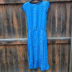 Vintage 80s Blue Silk Dress Drop Waist Pleated Women's 4 Button Back Cap Sleeve